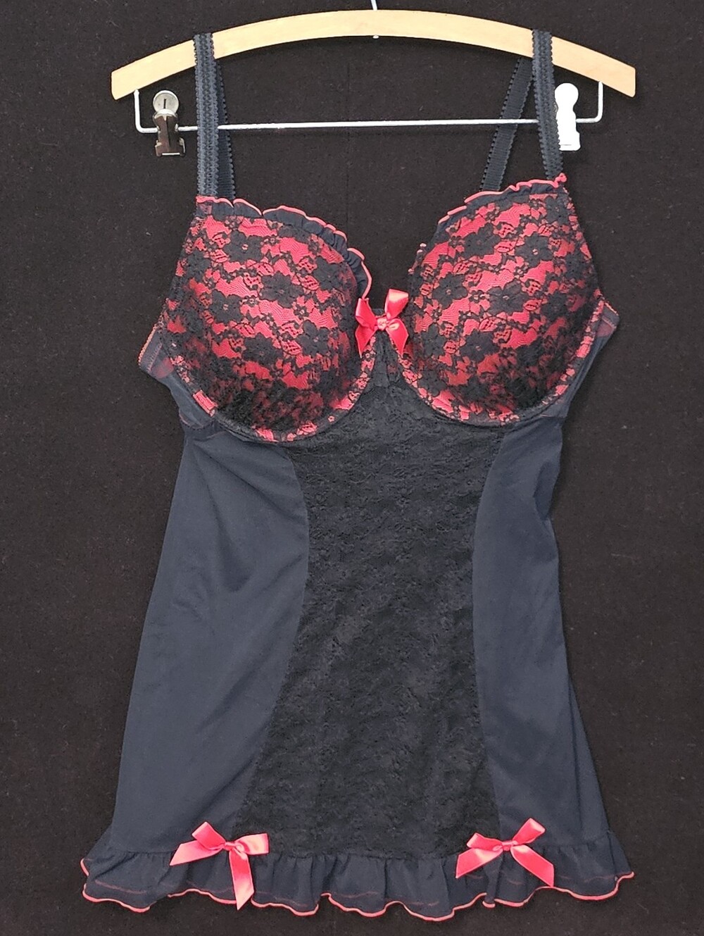 Venus 38DD Black and Red Lace Chemise Slip Padded Underwire